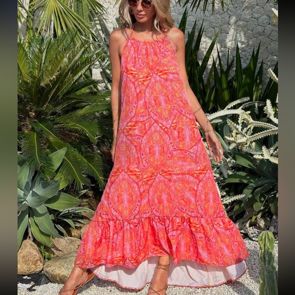 Boho Floral Paisley Print Hi Low Hem Backless Open Back Halter Maxi Dress - Picture 2 of 5